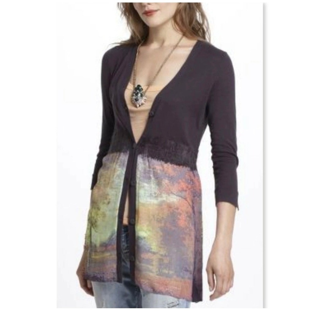 Anthropologie Knitted & Knotted Foliage Empire Cardigan sweater watercolor Small